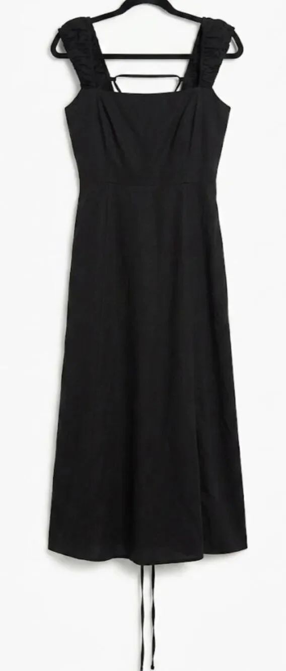 Zara women medium square neck black maxi dress linen lyocell classic minimalist